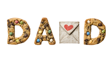 The word dad spelled out with cookies and a letter isolated on transparent background