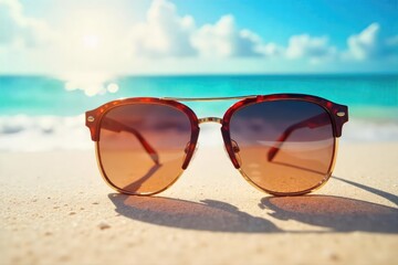 A pair of stylish sunglasses rests on a bright, sun-drenched beach, reflecting the vibrant summer sky Perfect for travel, summer, vacation, and eyewear promotions , cool, lifestyle, golden