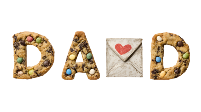 The word dad spelled out with cookies and a letter isolated on transparent background