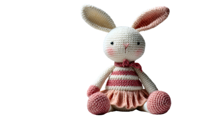 Crocheted bunny toy wearing a dress isolated on transparent background