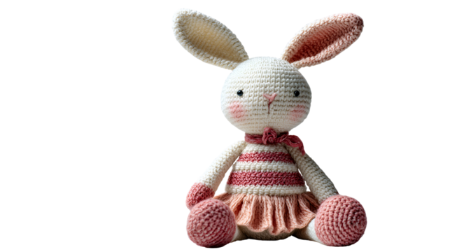 Crocheted bunny toy wearing a dress isolated on transparent background
