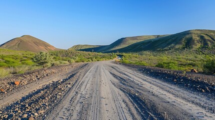 A dusty road through a desolate landscape under a clear blue sky, hills in distance
