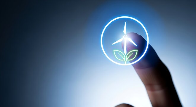 Finger touching a wind turbine icon for renewable energy concept