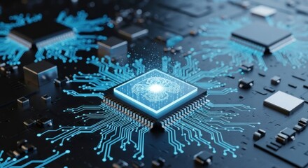 A futuristic circuit board with a glowing brain chip at its center, surrounded by various electronic components and wires.