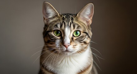 Intense Gaze - A Striking Portrait of a Green-Eyed Tabby Cat.