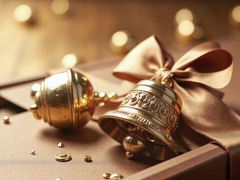 Golden bells on black background with dramatic lighting,Black and gold bells evoke luxury for premium campaigns.