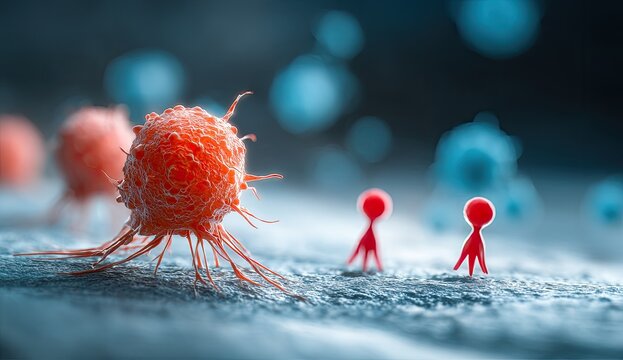 Orange textured cell surrounded by small red figures and blurry blue spheres