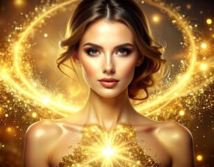 Beautiful woman with glowing gold aura and highlights