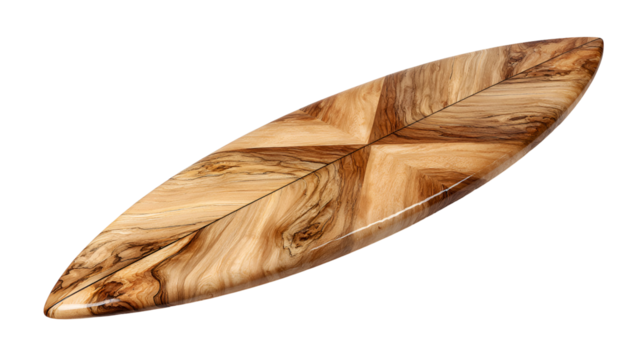 Decorative wooden surfboard with geometric pattern isolated on transparent background