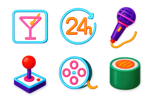 Neon Street Icons. 3D icon set of street neon lights: bar sign, 24h icon, karaoke mic, arcade joystick, cinema reel, sushi roll. A