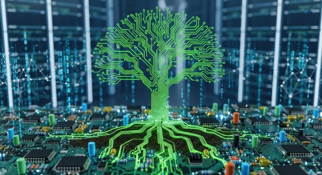A green and white circuit board with a tree symbol in the center, representing the concept of digital growth and sustainability.