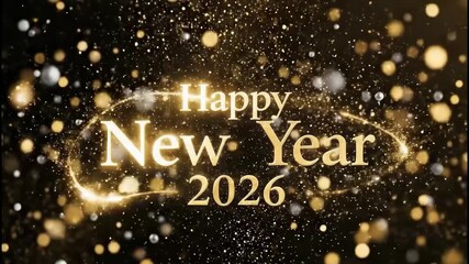 A festive and glittering happy new year 2026 message with golden bokeh lights and a swirling, sparkling effect on a dark background - Powered by Adobe