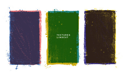 Linocut relief printing textured rectangle set. Grunge layered ink roller backgrounds with uneven edges. Colored artistic lino print textured, paint roller stains, old print design. Linocut texture.