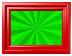 A vibrant rectangular frame, painted red, encases a bright green background that features a radiant burst pattern emanating from the center