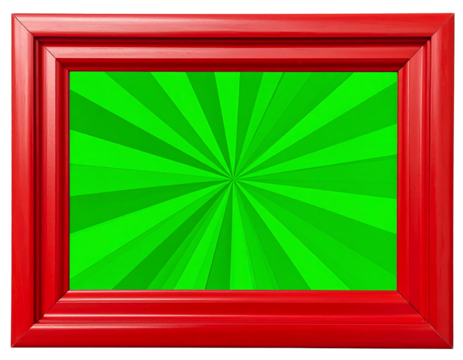 A vibrant rectangular frame, painted red, encases a bright green background that features a radiant burst pattern emanating from the center