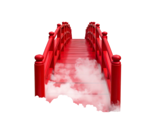 A vibrant red bridge, classic architecture, traverses a misty vapor, with a dark background