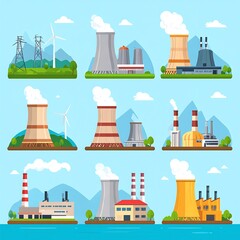Cartoon-style illustration showcasing various power plants against a blue sky