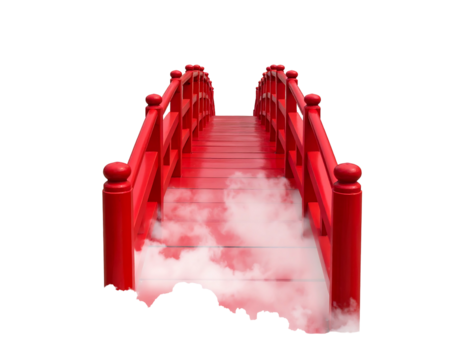 A vibrant red bridge, classic architecture, traverses a misty vapor, with a dark background