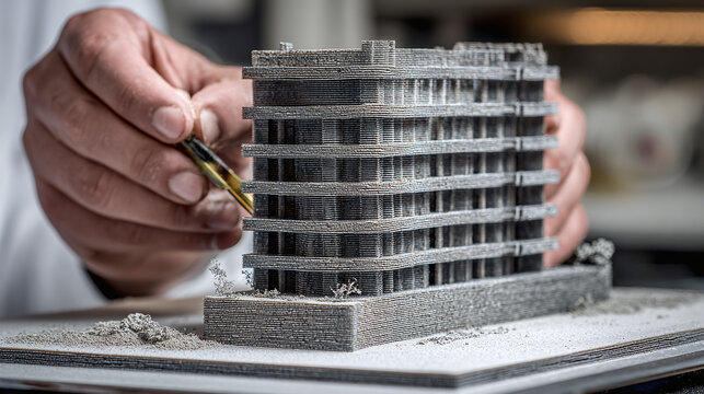 A close-up shot of architectural model is being meticulously worked on