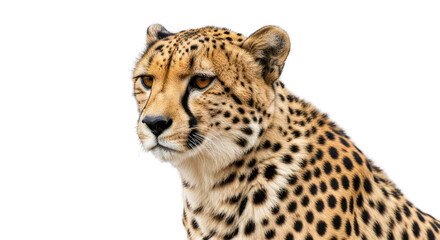 Fototapeta premium A Majestic Cheetah's Head and Shoulders Portrait with Golden Eyes and Spotted Fur on a Transparent Background