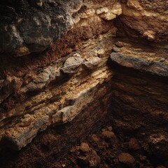 Fototapeta premium Close-up of layered earth strata. Varied colors and textures of rock and soil layers visible. A geological cross-section