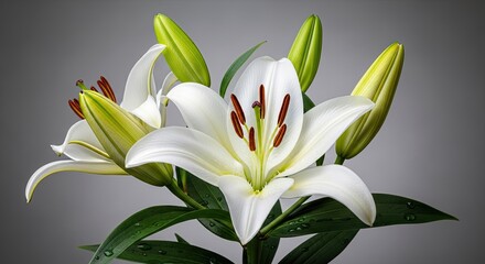Obraz premium Elegant and pure white lily bouquet in soft focus on a smooth grey background, capturing the