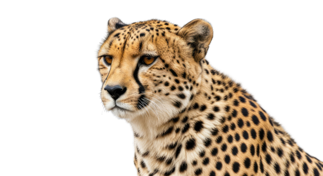 A Majestic Cheetah's Head and Shoulders Portrait with Golden Eyes and Spotted Fur on a Transparent Background