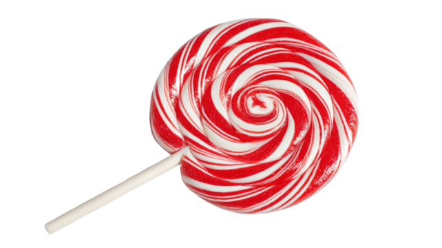  Colorful red and white striped spiral lollipop with glossy candy surface, sweet treat isolated on white background, vibrant confectionery illustration isolated on white background