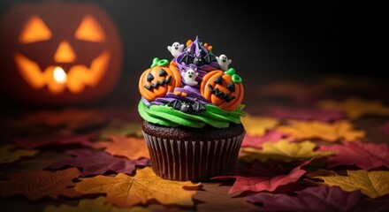 A Halloween-themed cupcake with pumpkins and ghosts on top, decorated with purple and green icing, sitting on a colorful autumn leaf background with a jack-o'-lantern in the background.
