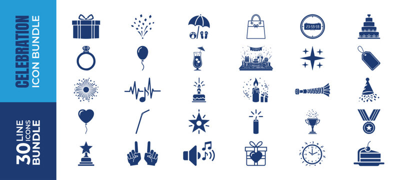 Bundle of collection 30 blue celebration and party icons - Powered by Adobe