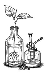 Plant Cutting and Vintage Mister in Hand-Drawn Vintage Engraving Style. Botanical Care Vector Illustration for Slow Living Concept.