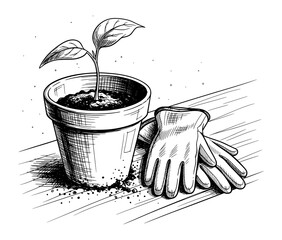 Hand-Drawn Sketch of Potted Seedling and Gardening Gloves in Classic Ink Style. Vector Illustration for Growth and Sustainability.