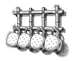 Vintage Sketch of Mugs Hanging on Wooden Rack. Rustic Comfort Vector Illustration for Cozy Living.