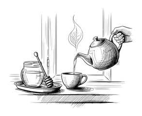 Hand-Drawn Tea Pouring Scene in Classic Sketch Style. Vector Illustration for Relaxation and Cozy Living.