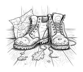 Rugged Hiking Boots with Map in Hand-Drawn Sketch Style. Vector Illustration for Adventure and Outdoor Lifestyle.