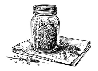 Mason Jar with Dried Herbs in Vintage Engraved Style. Vector Illustration for Herbalism and Slow Living.