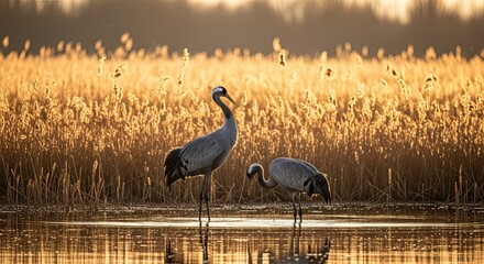 Obraz premium Elegant cranes standing in water amidst a golden field during sunset providing serenity