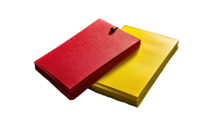  Set of red and yellow referee cards used in sports matches for fouls and warnings, official game equipment isolated on white background