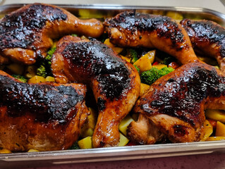 marinierte Hähnchenschenkel auf Ofengemüse