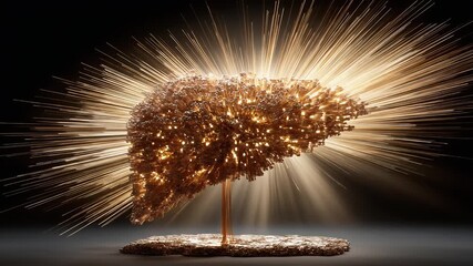 Abstract golden textured sculpture radiates light beams against a dark background. Small cylindrical elements compose the object, supported by thin poles. Stage-like base is similarly textured