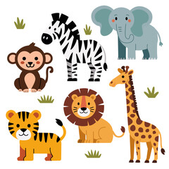 Obraz premium Cute African animals set isolated on white background. Jungle doodles cartoon style. Vector stock