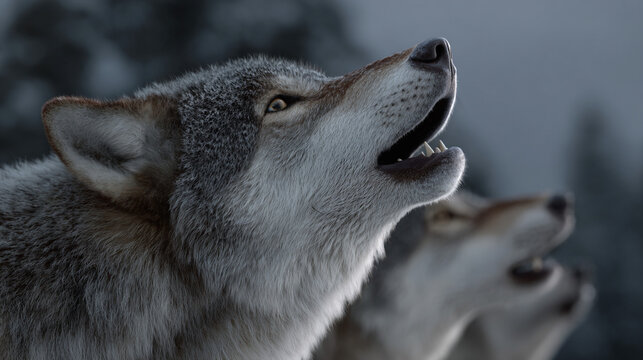 Wild wolves howling at full moon in snowy forest. - Powered by Adobe