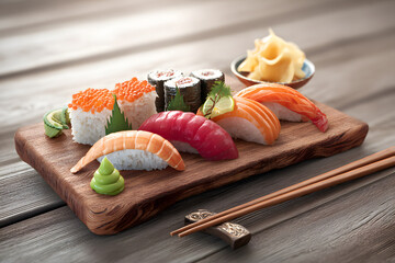 Sushi platter with assorted rolls set on wooden board at a Japanese restaurant