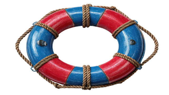 Red and blue life buoy floating on water with realistic texture and safety rope, emergency rescue equipment isolated on white background