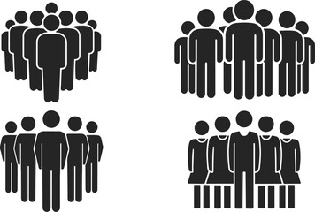 Set of black and white people group icons, crowd of silhouettes representing teamwork and community, people group, crowd icon, human figures, team concept, social unity