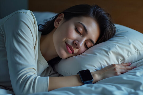 Heart rate monitor smartwatch tracks person peacefully sleeping in bed.