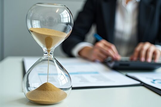 Businessperson calculating an invoice with hourglass in foreground.