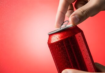 Refreshing Beverage A Hand Opening a Red Can with Water Droplets Against a Vivid Crimson Backdrop