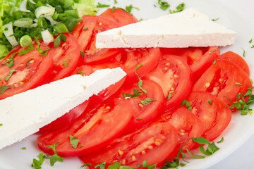 Fresh Tomato and Cheese Salad with Green Onions and Parsley. Healthy Mediterranean Food, Summer Lunch, Vegetarian and Organic Diet Concept