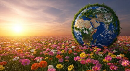 A vibrant, colorful field of flowers with a globe in the background, representing the Earth, symbolizing nature and sustainability.